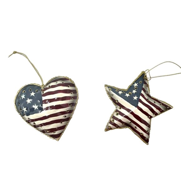 Patriotic Metal Christmas Ornaments - Set of 4 - Bell, Apple, Heart & Star paint - Picture 3 of 4